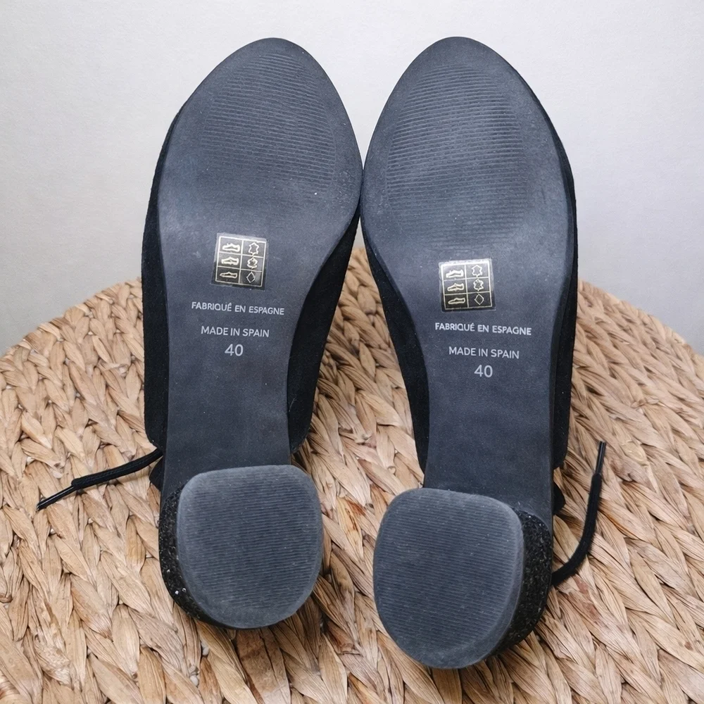 Free People Sparkler Mule Glitter Heel Black Suede Lace Back Block Heel Size 40